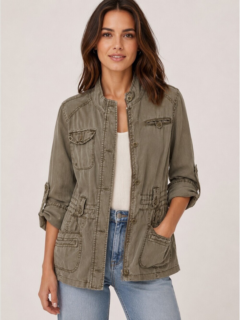 Max Jeans 100% Tencel Utility Safari Jacket Roll Tab Sleeves Size M